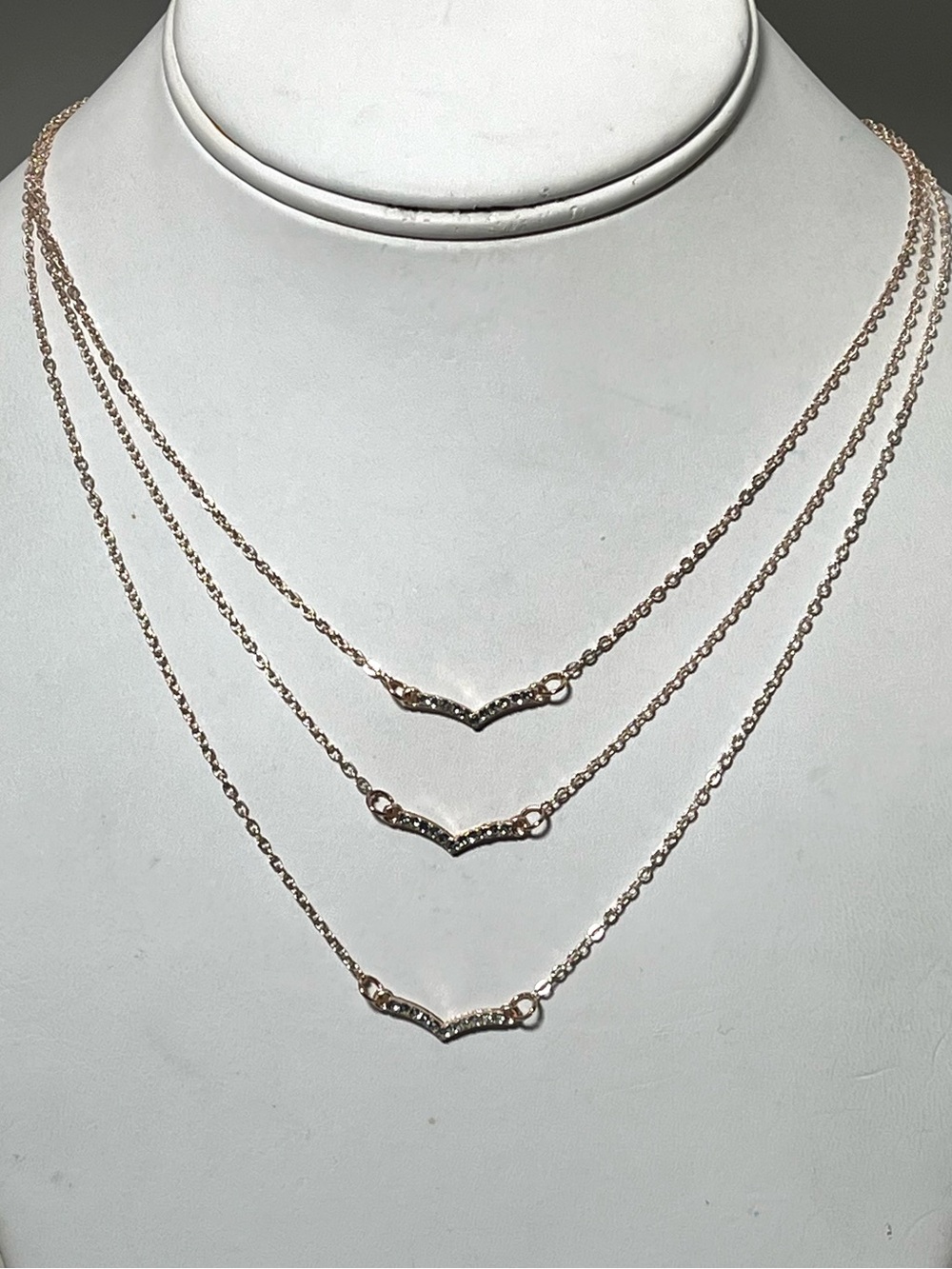 Gold Triple Layer Necklace Chevron V Bar Crystal Pave Dainty Minimalist Layered